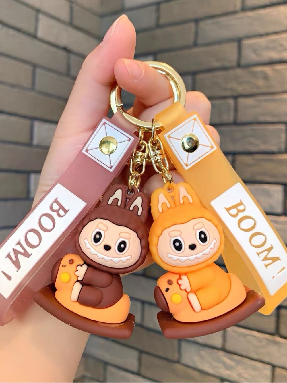 Rubber Labubu on rocking horse Keyring w BOOM! Strap-Back to school-not Pop Mart